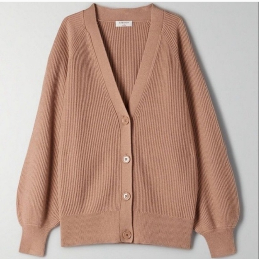 Aritzia Babaton Bespoke ribbed button V neck Cardigan beige Oversized xxs Small